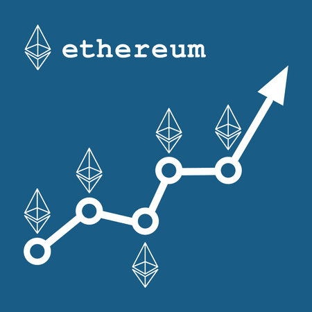 Vector illustration of ethereum diagram with growing arrow on blue background.