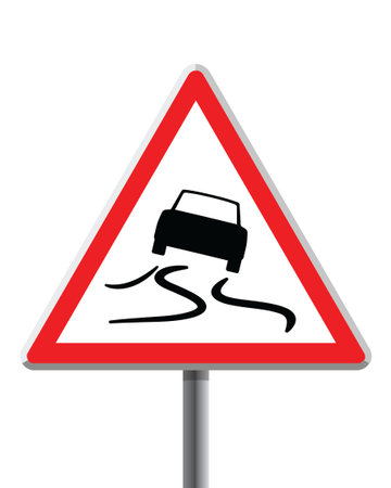 Warning road sign with a car on the road. Vector illustration.のイラスト素材