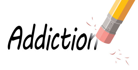 Illustration of a pencil erasing the word Addiction on a white backgroundのイラスト素材