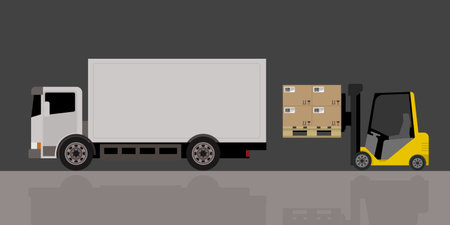Forklift truck with cardboard boxes on the street. Vector illustrationのイラスト素材