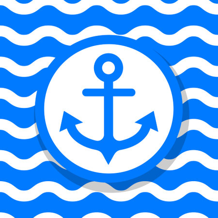 Anchor sign illustration. Vector. Blue icon with white contour on blue wave background with shadow.