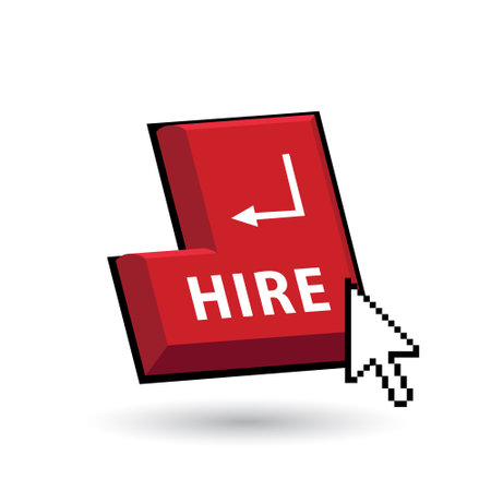 Red button Hire with arrow pointing to it. Vector illustration.