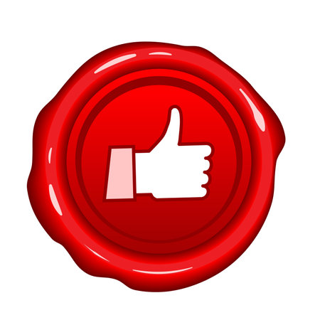 Red wax seal with a thumbs up symbol isolated on white background.のイラスト素材