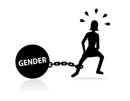 woman chained to the word girl, black silhouette on a white backgroundのイラスト素材