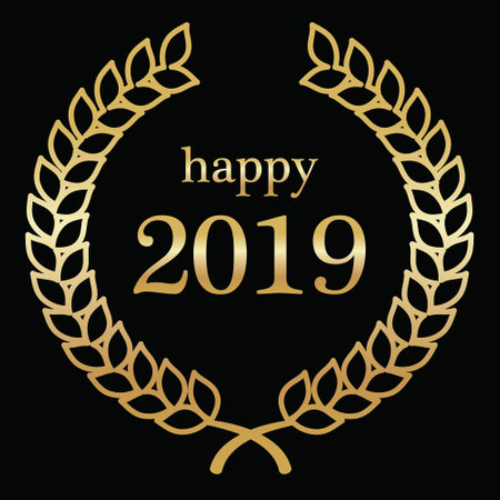 Happy New Year 2019 gold laurel wreath on black background.
