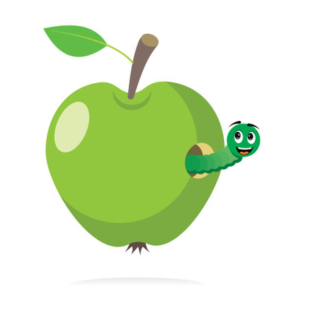 Green apple with worm on white background. Vector illustration. Eps 10.のイラスト素材