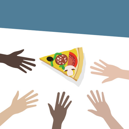 Hands reaching for pizza. Vector illustration. Flat design style.