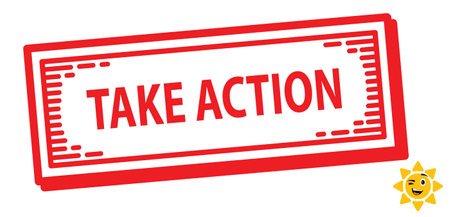 Take action red square stamp. Sign, label, sticker, stamp