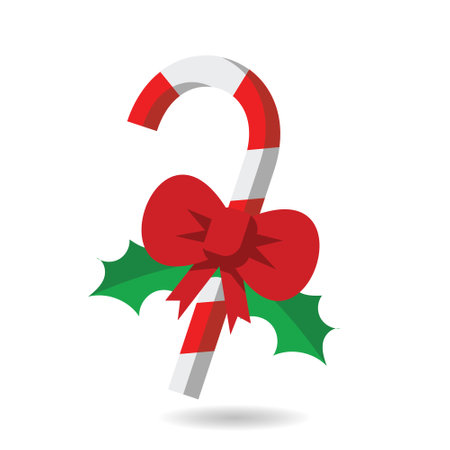 Christmas candy cane with red bow isolated on white background. Vector illustration.のイラスト素材