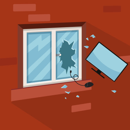 Broken window with computer on the floor. Vector flat illustration.のイラスト素材