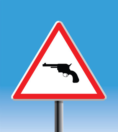 Vector illustration of a road sign with a gun on a blue backgroundのイラスト素材