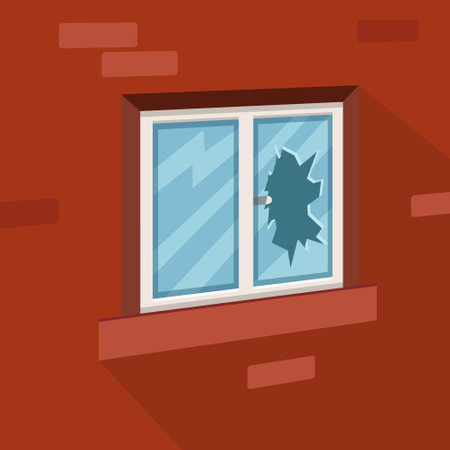 Broken window in flat style. Vector illustration on a red background.のイラスト素材