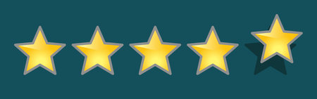 Five golden stars rating icon on blue background. Vector illustration in flat style.