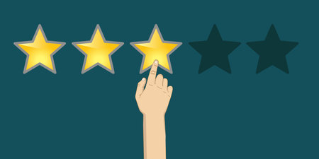 three stars rating, hand pointing finger, vector illustrationのイラスト素材