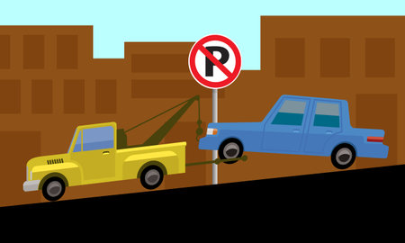 vintege tow truck and car, city landscape, no parking sign, vector illustrationのイラスト素材