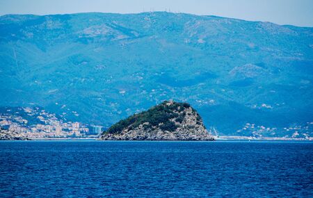 View of the island of Bergeggi with seaの写真素材