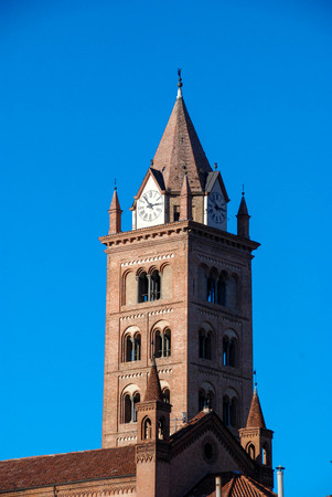 Bell tower  Cathedral of San Lorenzo of Alba, Piemonte - Italyの写真素材
