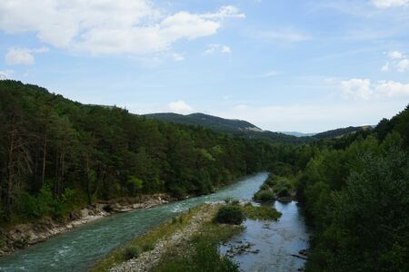 The long Verdon River in south-eastern France flow through the mountainsの写真素材