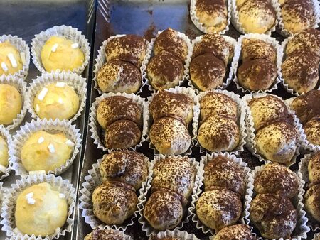 Desserts displayed in a shop