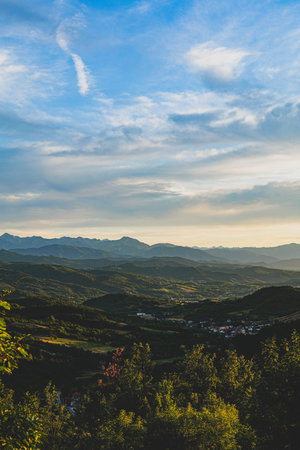 A beautiful view towards evening at sunset of the hills in Alta Langa, Piedmont - Italyの写真素材