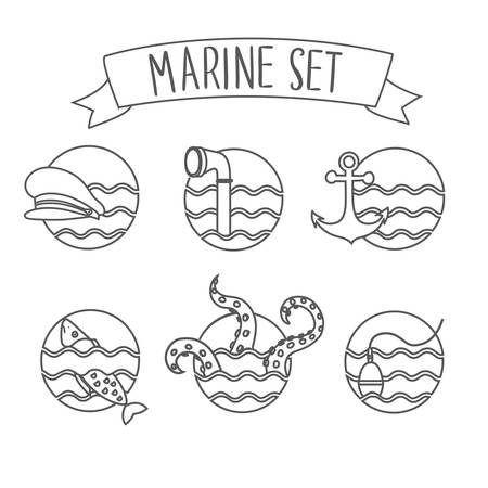 set of outline round nautical icons on white isolation backgroundのイラスト素材