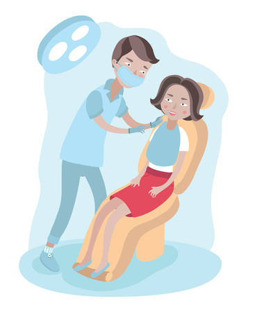 Vector illustration of the dentist examines the teeth of a woman sitting in a dental chairのイラスト素材