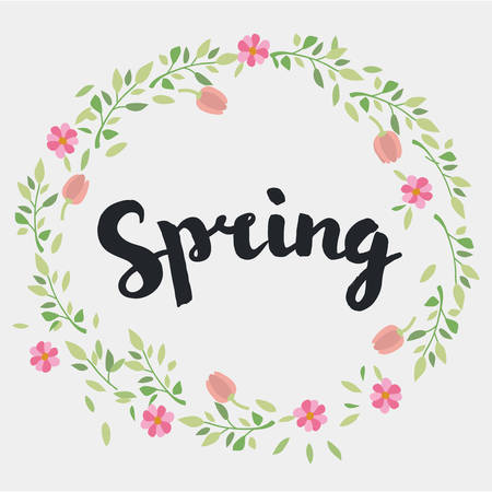 Spring lettering design. Decorative typography element on spring with floral decorative leaves and flowers. Season colors label. Young culture fashion art for t-shirt emblemのイラスト素材