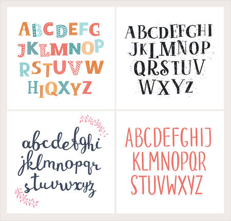 Vector set of four difference english Alphabets. Cute colorful vector English alphabet, vintage font, funny hand written font and capital ABC. Lowercase and uppercase letterrsのイラスト素材