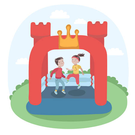 Vector illustration of kids jumping in colorful small air bouncer inflatable trampoline castle on the meadowのイラスト素材