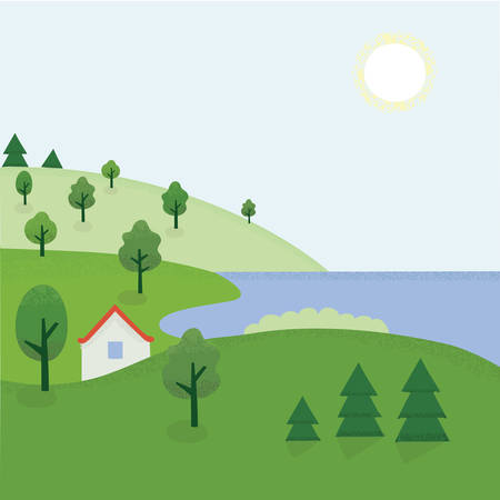 Vector illustration of cartoon summer landscape of rhe countrysideのイラスト素材