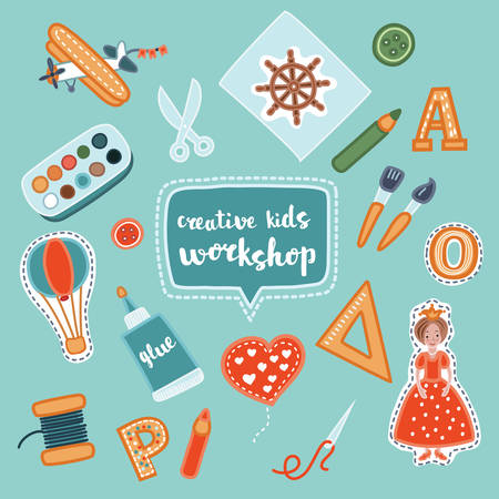 creative kids . Creative process with child application and childrens handiwork. illustration of workshop setのイラスト素材