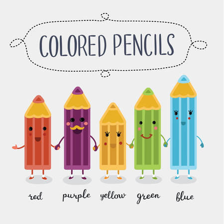Vector illustration of cartoon colored cute pencils characters with smiling faces differint colorsのイラスト素材