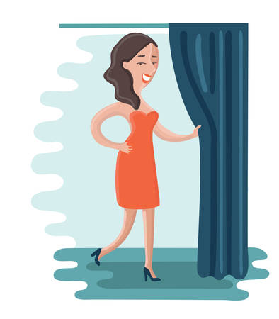 Vector illustration of cartoon woman is trying on a red dress and pulling the curtain in the fitting room. Female shopping.のイラスト素材