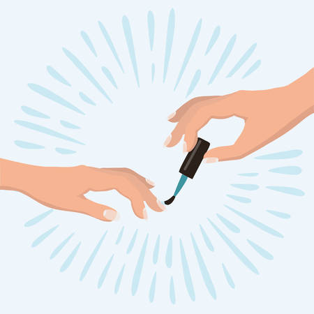 Vector illustration of women's hands doing a manicure applying red nail polish. Beauty concept. Cosmetic products, spa salon, body care.のイラスト素材