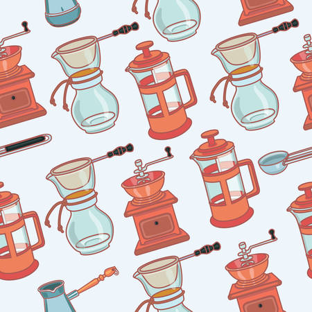 Seamless vector outline illustration of Braista equipment tools for making coffee. Manual, grinder, frnch press, spoon with clip, Turkish potのイラスト素材