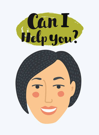 Vector illustration of female consultant face, vector in unusual simple style with message "can I help you?" Smiling support woman with bubble speech ballon. Close up viewのイラスト素材