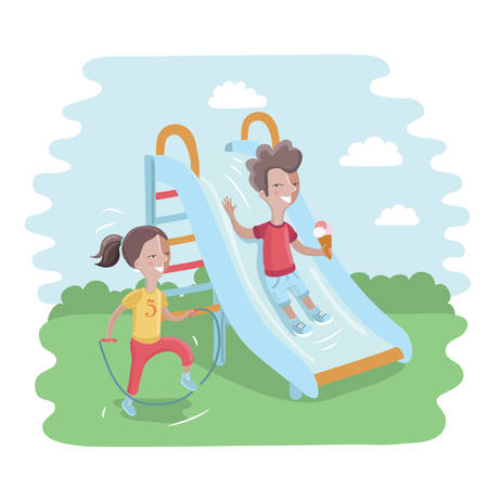 Vector illustration of kids on playground. Cute boy is sliding children slide and happy girl is jumping ropeのイラスト素材