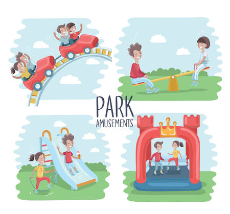 Vector illustration of playground scene, children play on the outdoors. Children ride on a roller coaster, kids jumping on an inflatable trampoline, on seesawk, sliding childrens slide and happy girl is jumping rope. Park amusementsのイラスト素材
