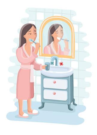 Vector cartoon fun cute llustration of woman cleaning her teeth with toothbrush dressed in pink bathrobe in bathroom interior with mirror and sink with tube in morning or eveningのイラスト素材