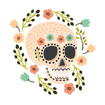 Mexican Day of the Dead sugar skulls with flower decoration. Vector cartoon cute and modern flat vector illustration.のイラスト素材