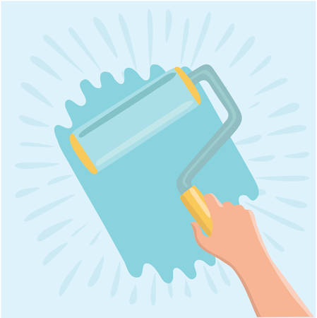Vetor cartoon illustration of paint roller with hand. Painted wall, repair, construction worksのイラスト素材