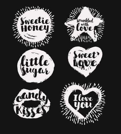 Black and white Hearts sticker with ink Patterned Strokes. Valentines Day Greeting Banner Isolated on dark background. Vector Illustration. Romantic Lovely Frame and cards design for Mothers Day or decloration of love. Sweetie Honey, Sprinkled with love. のイラスト素材