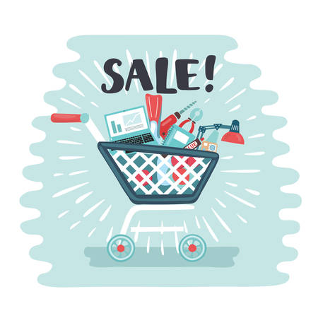 Vector cartoon funny illustration shopping trolley full of electornic goods and sport Big Sale supermarket purchases. and hand drawn word Sale! for advertising bannerのイラスト素材