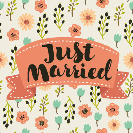 Just married, hand drawn lettering for design wedding invitation, photo overlays and save the date cards decorate with flower in vintage styleのイラスト素材
