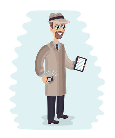 Young male spy agent wearing a hat, coat and a tie, holding camera. Eyes hidden in the shadow. Mystery shopperのイラスト素材