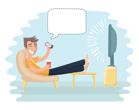 Vector cartoon funny illustration of man sitting on the couch and watching TV and talkig bubble speach above himのイラスト素材