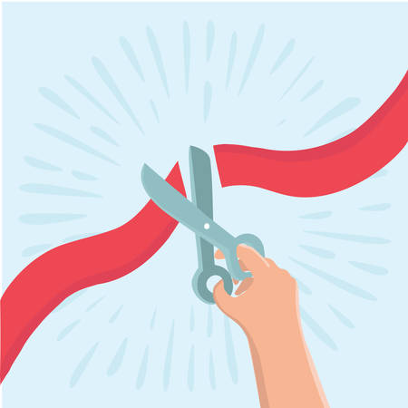 Vector cartoon illustration of concept hand holding scissors and cutting red ribbonのイラスト素材
