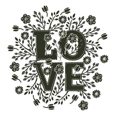 Vector black and white decorative card with floral decor and amazing hand drawn word "Love" in vintage styleのイラスト素材