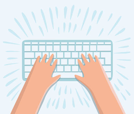 Vector cartoon funny illustartion of hands working on keyboard at work space with top viewのイラスト素材