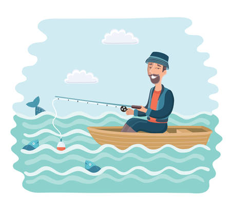 Vector cartoon illustration of smiling man fishing on the boat.のイラスト素材